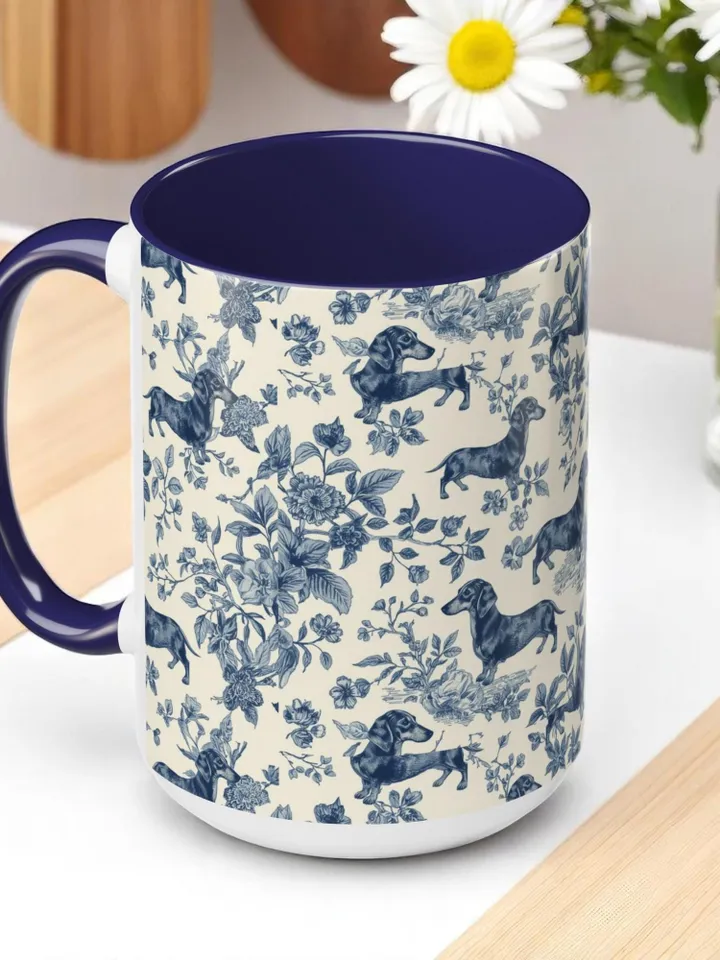 Dachshund French Toile de Jouy Ceramic Mug, Toile Coffee Cup for Doxie Mom, Sausage Dog Lover Gifts, Dog Tea Drinkware, Gift For Dog Lovers