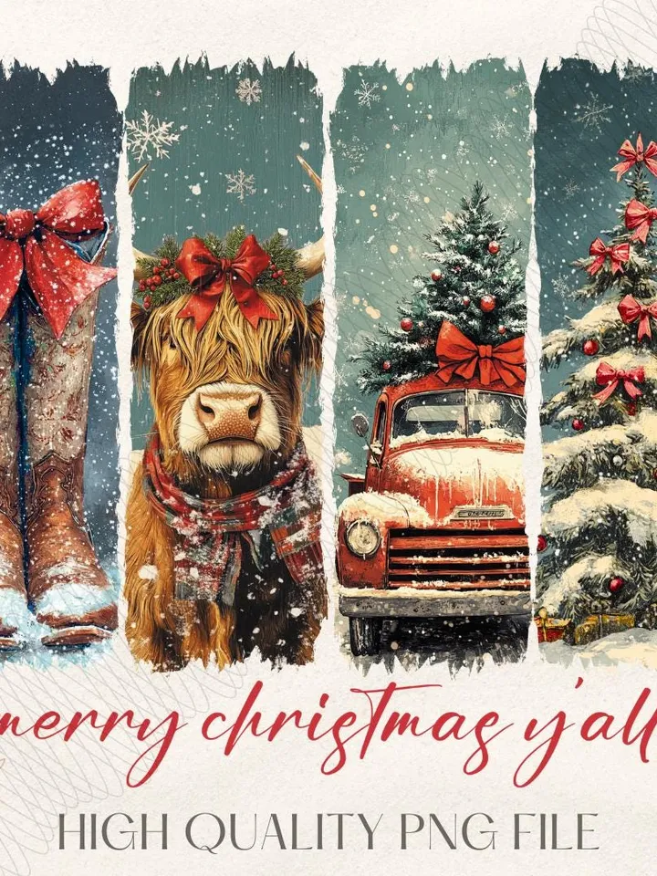 Merry Christmas Yall Vintage small town christmas PNG, Cowgirl Png, Small town girl PNG, highland cow Christmas png, Christmas western