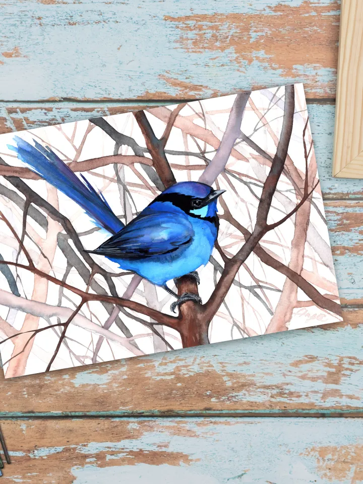 Blue fairy wren original watercolor, bird on the branch painting, bluebird portrait room decor, 8x11 in wall art for bird lovers handmade by Anne Gorywine