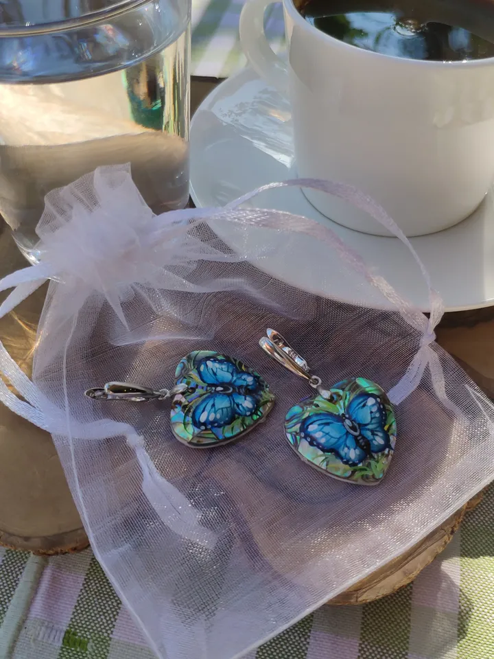 Pearl earrings: Dainty Butterfly Earrings dangle hand painted on Mother of Haliotis pearl • Heart shaped cute Art earrings for elegant women