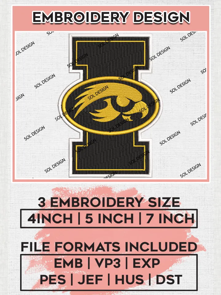 Iowa NCAA College Team Mascot Letter Logo Embroidery Design Files, NCAA Iowa Hawkeyes Machine Embroidery, NCAA Teams, 3 sizes, NCAA Machine embroidery designs, Digital Download