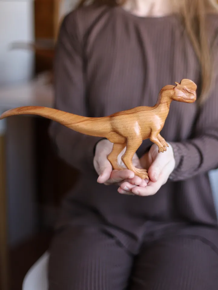 Wooden dinosaur Dilophosaurus, wooden hand carved sculpture