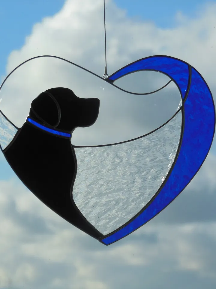 Dog Black Retriever Labrador in Blue Heart . Art Stained glass window hanging Suncatcher . Gift for animal lover , pet loss memorial