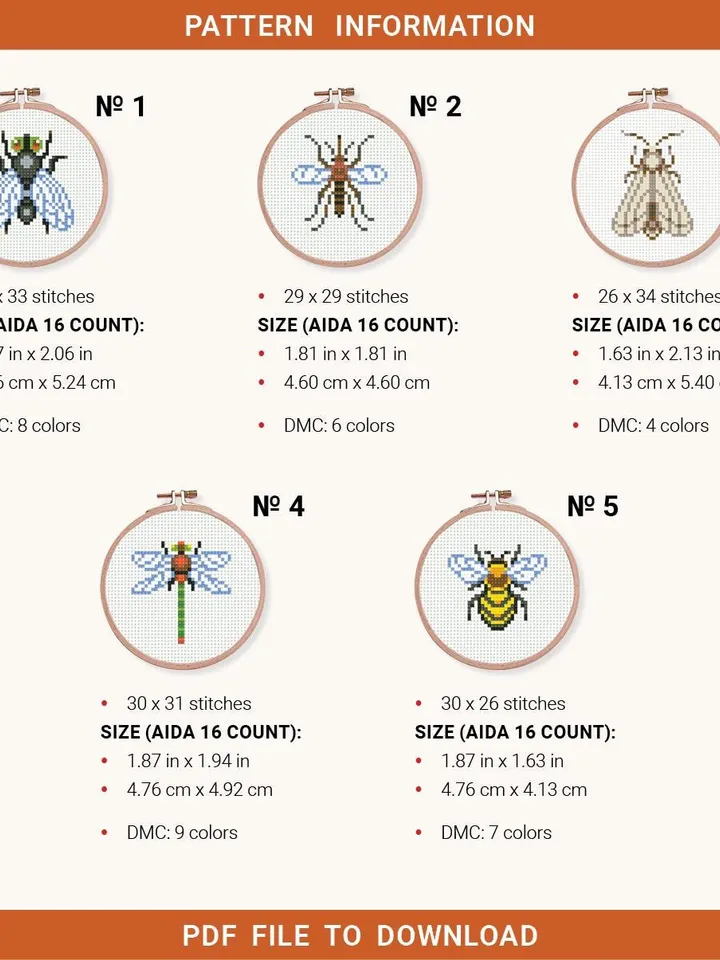 Bundle mini Insects 5 Cross stitch patterns, contemporary, 3 inches, Dragonfly, beginner, modern chart, gift DIY, embroidery, instant PDF