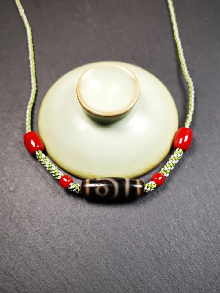 Gandhanra Antique Tibetan 2 Eyed Dzi Bead Necklace, 1.2&quot; x 0.43&quot;, 30 Years Old
