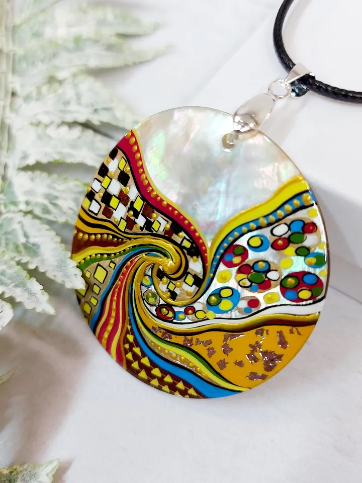 Pearl pendant necklace: Abstract Spiral painting in Klimt style on Graceful Handcrafted Pendant • Delicate handmade jewelry for bright girl