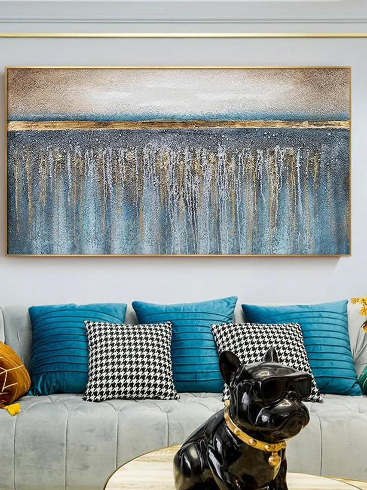 Hand-Painted Blue & Gold Oil Painting On Canvas Gold Foil Painting Flowing Painting Large Oil Painting Abstract Wall Art Spring Wall Decor