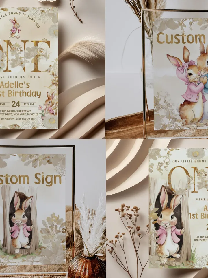 DIY Editable Baby Birthday Template large Bundle for Peter Rabbit party theme invitation banners labels milestone pr777