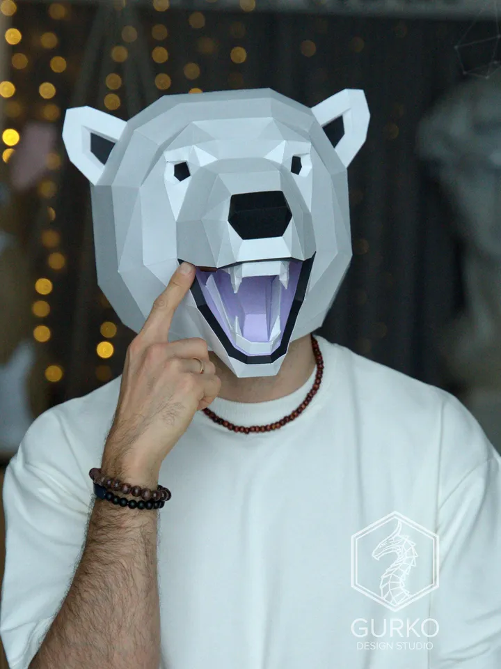 Polar Bear Mask Papercraft, Digital Template, PDF Download, Gurko, 3D Low Poly Animal Mask, DIY Origami, Pepakura, Paper Mask, DIY Costume