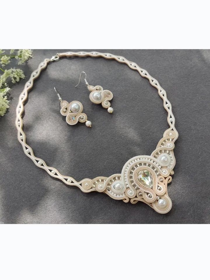 Wedding jewelry set, White beige necklace and earrings, Soutache embroidery, Rhinestone beaded necklace