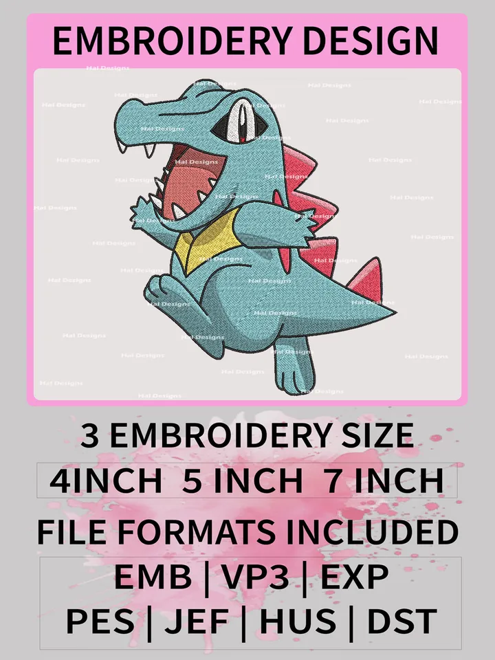 Pokemon Totodile Embroidery Design, Pokemon Dmbroidery, Anime Design, Embroidery file, Digital download