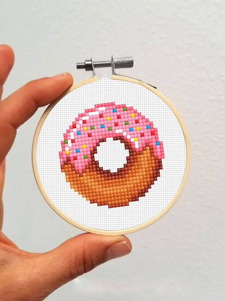 Pink donut small cross stitch pattern PDF Mini cross stitch chart, Minimalistic food cross stitch Instant download PDF, Beginner stitch #F3