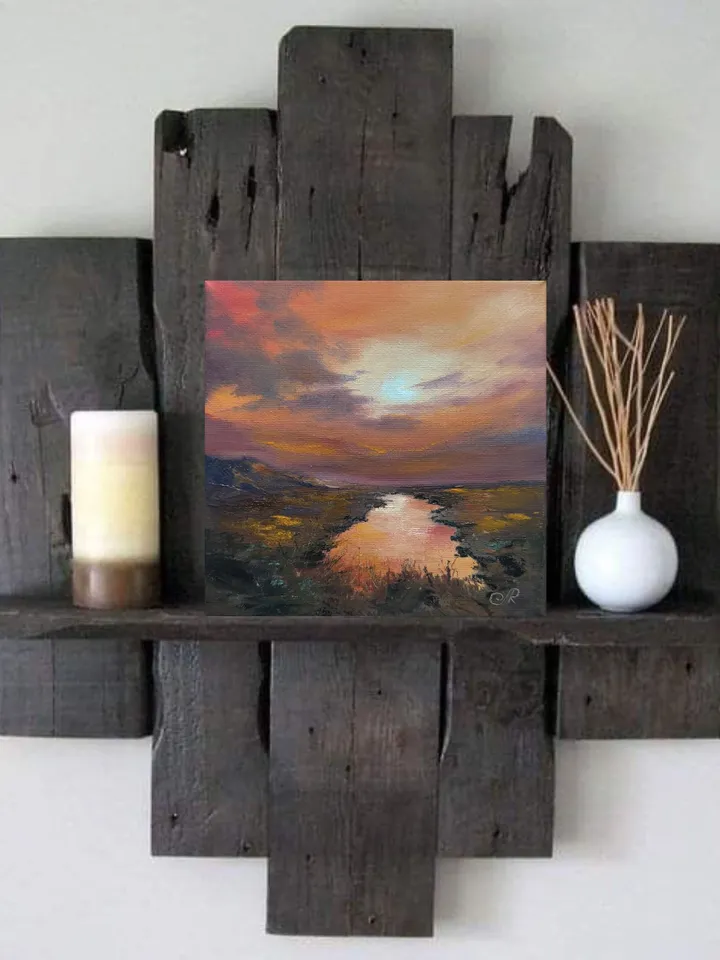 Sunset Oil Painting Rustic Wall Art Field Original Painting