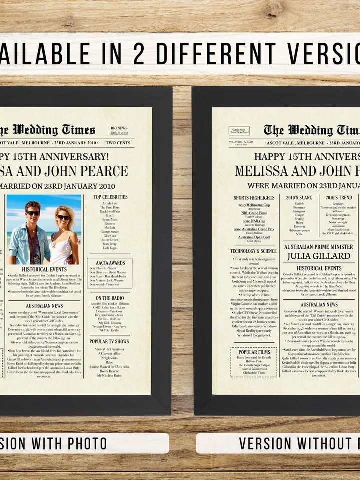 15th anniversary gift for husband, 2010 Australian Newspaper personalise poster, 15th wedding anniversary decorations, gifts for couples