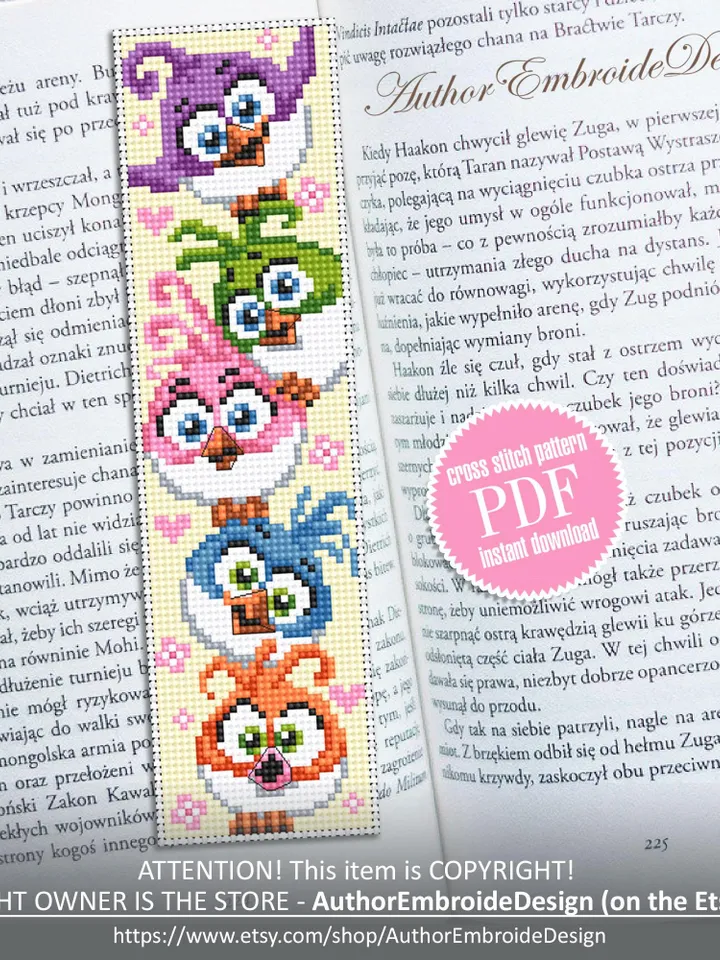 Bird bookmark cross stitch pattern PDF download Funny birds cross stitch chart, Cute bookmark pattern digital PDF, Bird lover gift #B419