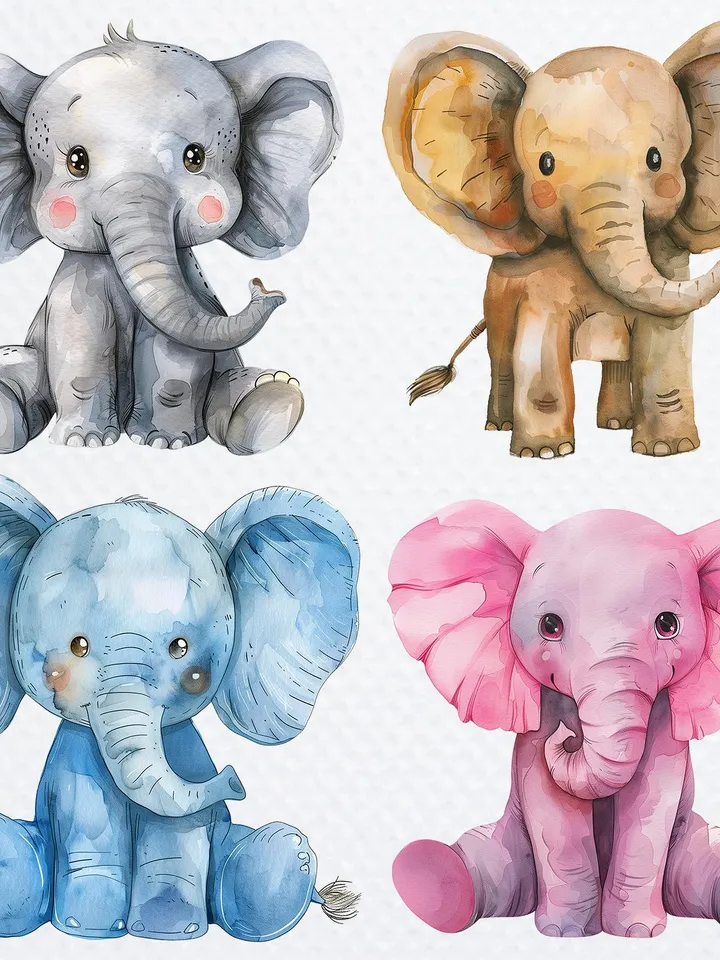 18 Cartoon Elephant PNG Bundle, Baby Elephant Printable Watercolor clipart for sublimation, Digital download, Paper craft, junk journal
