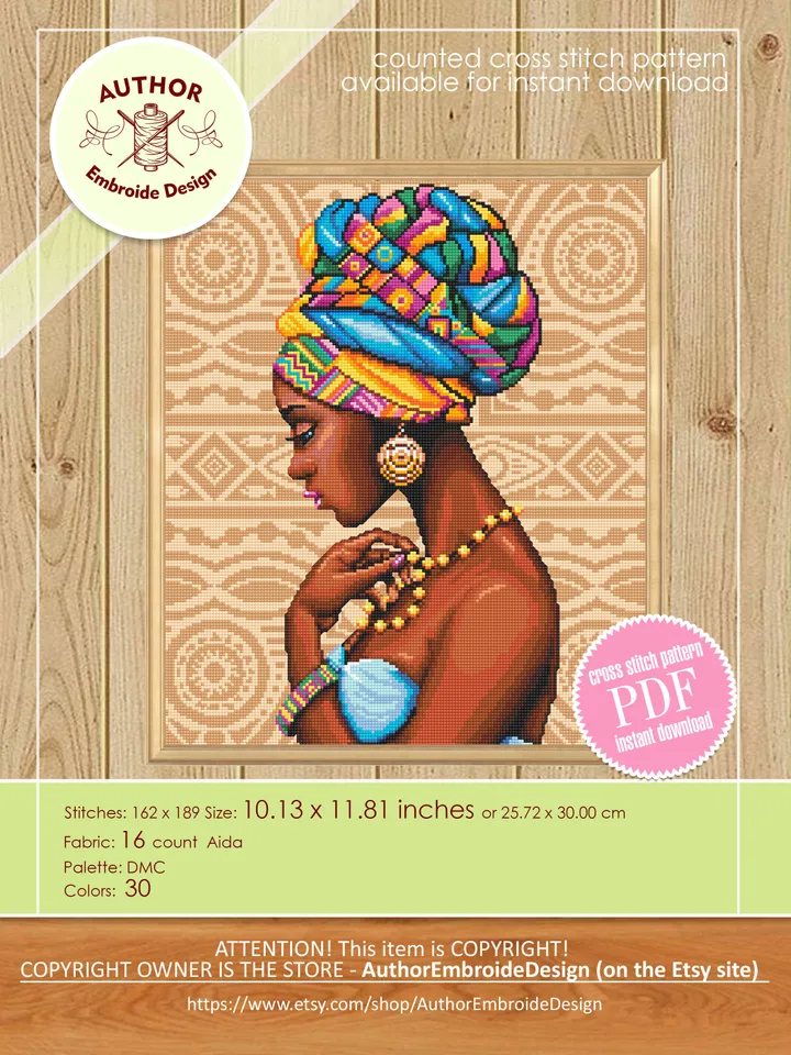 Beautiful african woman portrait cross stitch pattern PDF Modern cross stitch chart, African wall art, Instant download PDF, Home decor #O1