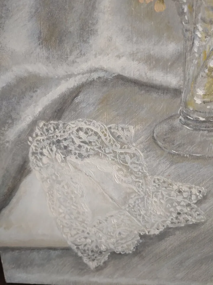 Oil painting, still life with a ballerina figurine, vase and delicate lace handkerchief. Vintage things. Miniature oil painting 12x12 inches