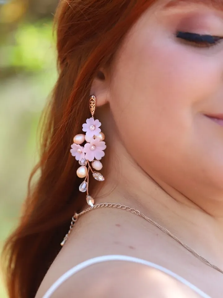 Rose Gold Blush Pink Flower Boho Wedding Earrings, Gold Freshwater Pearl Bridal Earrings, Swarovski Statement Floral Wedding Jewelry Set,