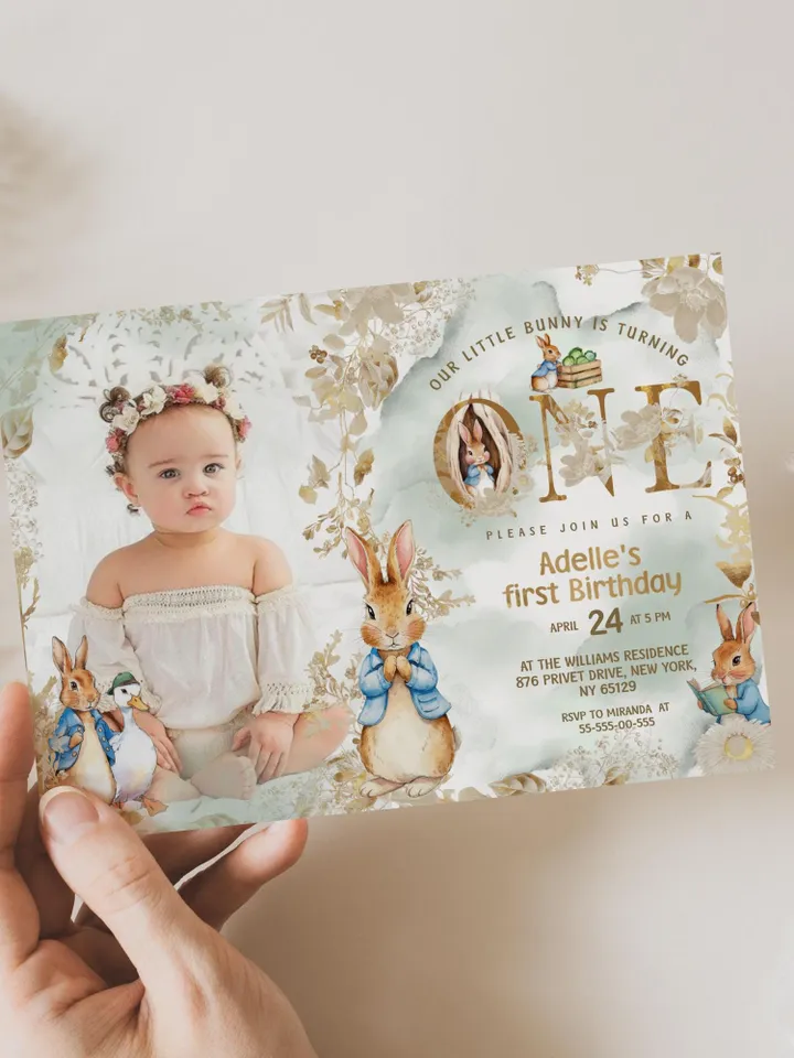 Editable and Printable Invitation template for 1st Baby Birthday party in Peter Rabbit style instant download and unlimited access pr888