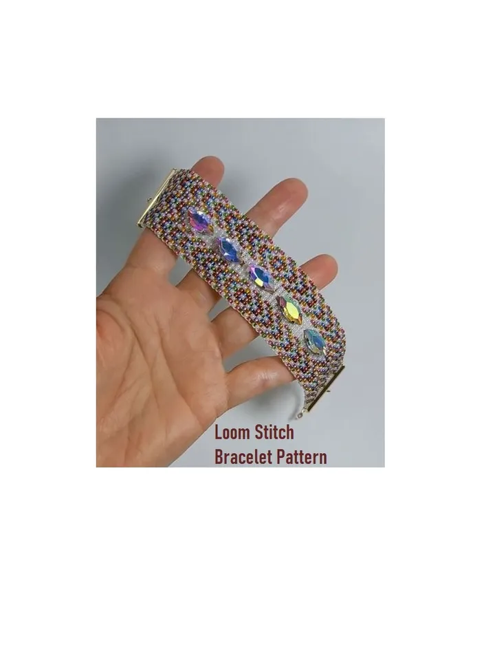 TUTORIAL Cuff Bracelet Loom Stitch, Bead Patterns Bracelet, Seed beads Preciosa and Rhinestones, Instant Download