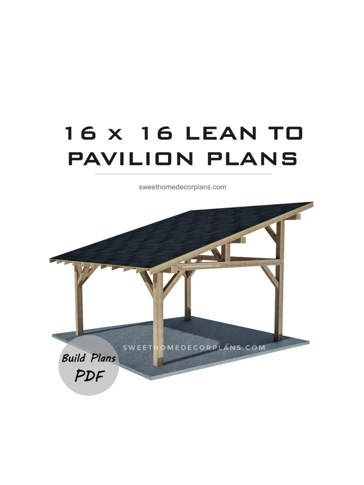 Diy 16 x 16 lean to pavilion plans in pdf. Carport plans. Wooden covered gazebo outdoor plans. Timber frame backyard pavilion plans.