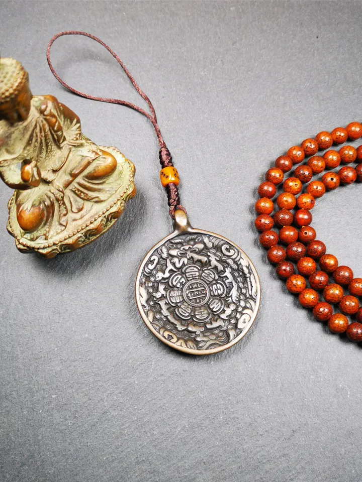 Gandhanra Antique SIPAHO(srid pa ho) Amulet, Tibetan Buddhist Astrology Calendar Badge,12 zodiac Melong Mirror, Jiugong Bagua,30 Years Old