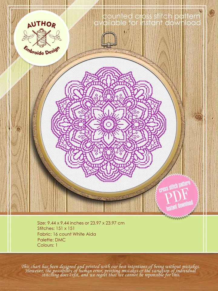 Flower mandala cross stitch pattern download PDF Mandala ornament embroidery PDF Monochrome cross stitch Floral ornament cross stitch #M75