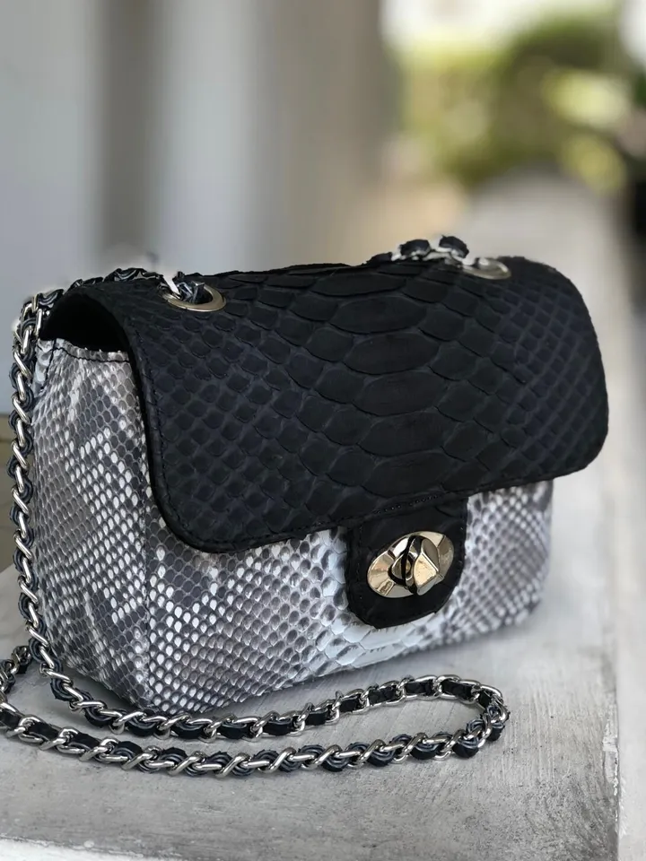 Genuine Python Skin Crossbody Colorblock Black and gray bag | Adjustable Chain Classy Elegant snake Small Lady Summer Bag | Python Purse