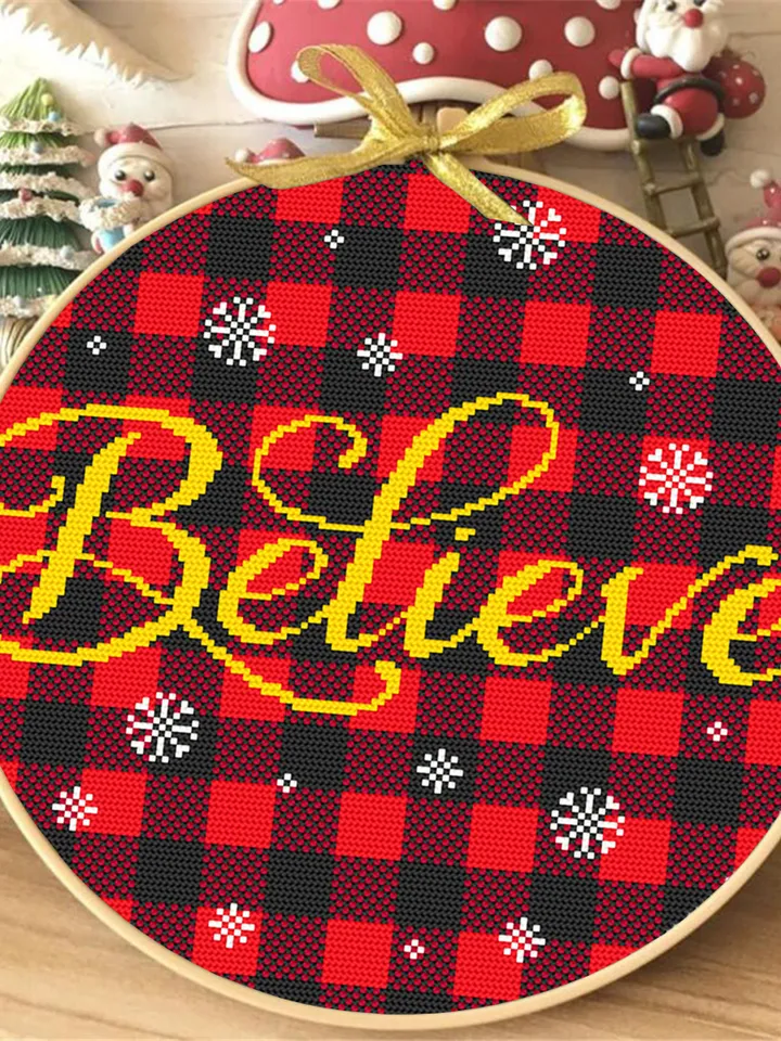 Buffalo plaid cross stitch pattern download PDF Believe Christmas cross stitch chart Merry Christmas pattern digital Holiday ornament #N34