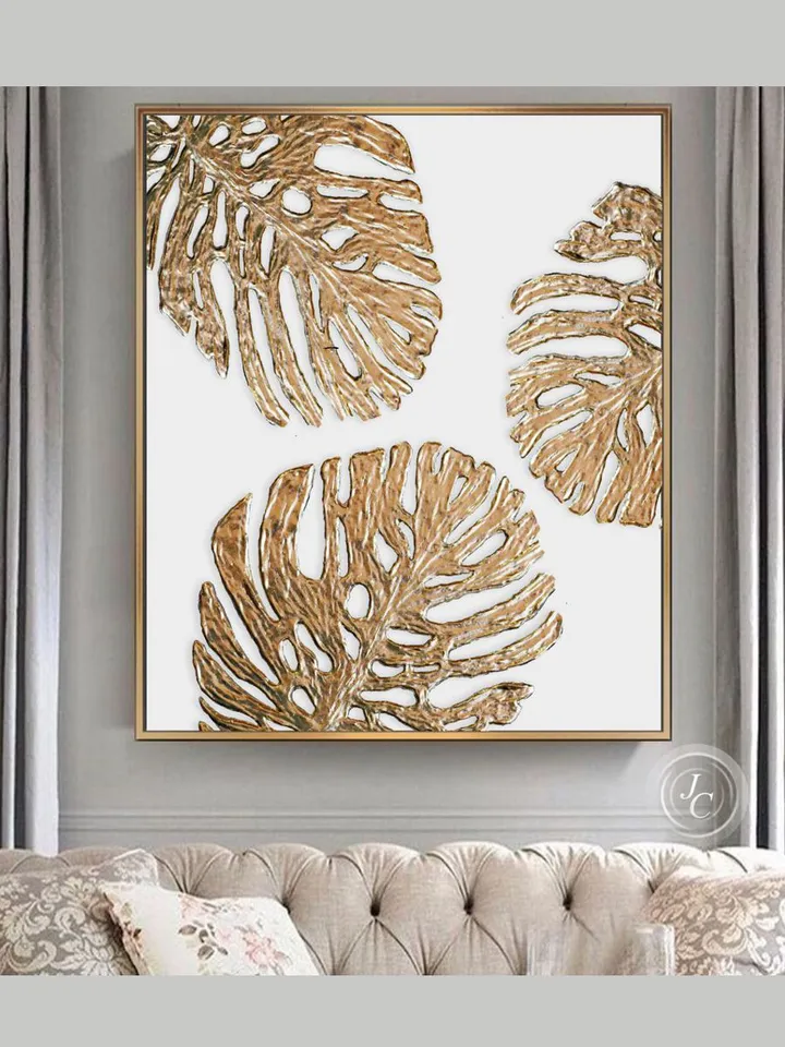 Gold Monstera leaves Painting White and Gold Abstract Wall Art | Botanical Original Art Modern artwork