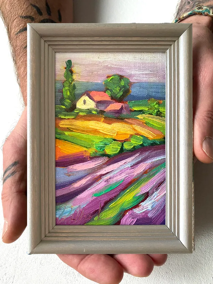 Lavender Fields Painting Tuscany Original Art Landscape Oil Painting Impasto Small Artwork 4x6 Tuscan Serenity Painting Wild Flowers