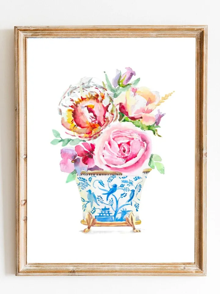 Watercolor Flowers Chinoiserie Home Decor Wall Art Flower Wall Art Flower Illustration Watercolor Pions Bleu White Decor Asian Vases Print