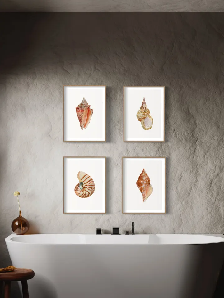 Sea Shell Art, Set Of 4 Art Prints, Watercolor Nautical Painting, Coastal Art Prints, Beach Gift, Seaside Decor, Bathroom Art