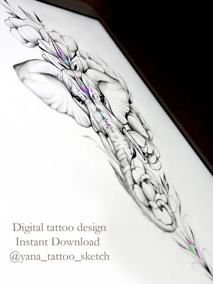 Elephant Tattoo Design With Flowers Head Elephant Tattoo Idea Stencil Sketch, Instant download PDF, JPG