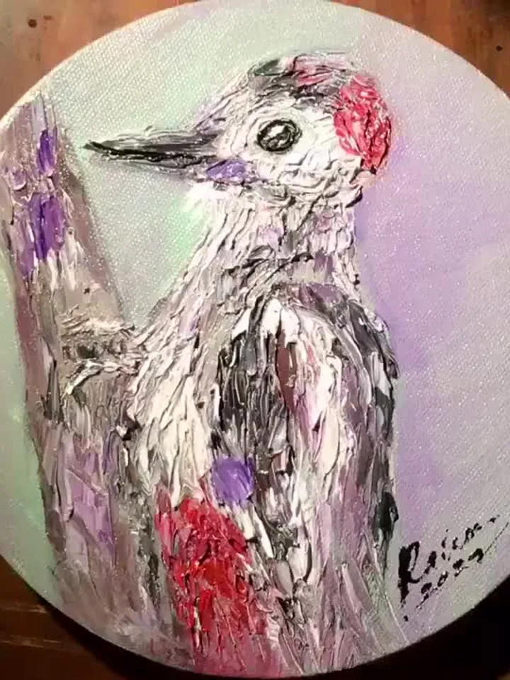 Woodpecker original oil impasto painting on round canvas,birds oil painting,kids or game room decoration,unique gift.