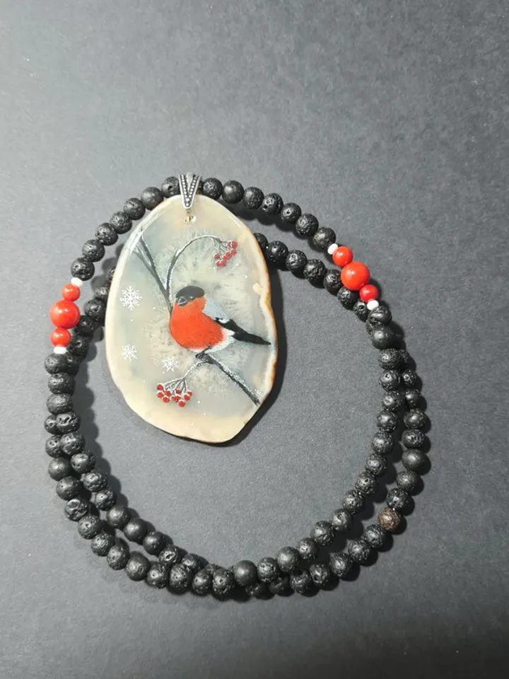 Bullfinch on a rowan branch necklace Hand painted Christmas Gift Wrapping