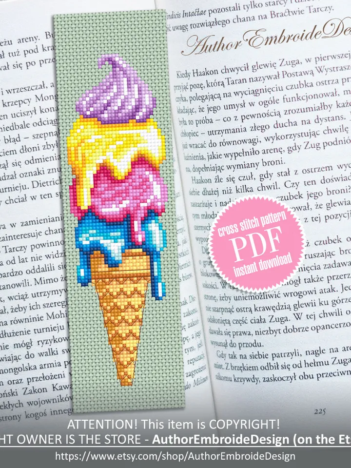 Food bookmark cross stitch pattern PDF download Ice cream cone cross stitch chart, Bookmark pattern digital, Kitchen cookbook bookmark #B344