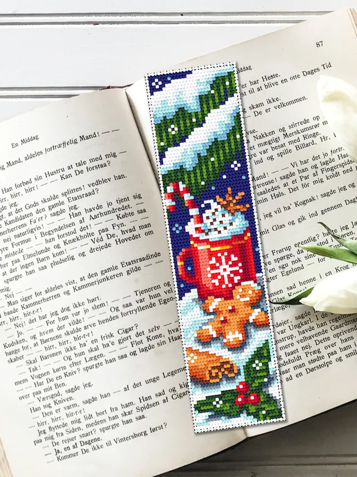 Bookmark cross stitch pattern download PDF Christmas coffee mug cross stitch Holiday embroidery PDF, Gingerbread man cross stitch chart #B81