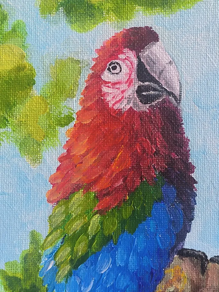 Set of three bird paintings. Toucan painting, Blue sialia painting, Parrot painting, Acrylic painting, Bright birds.