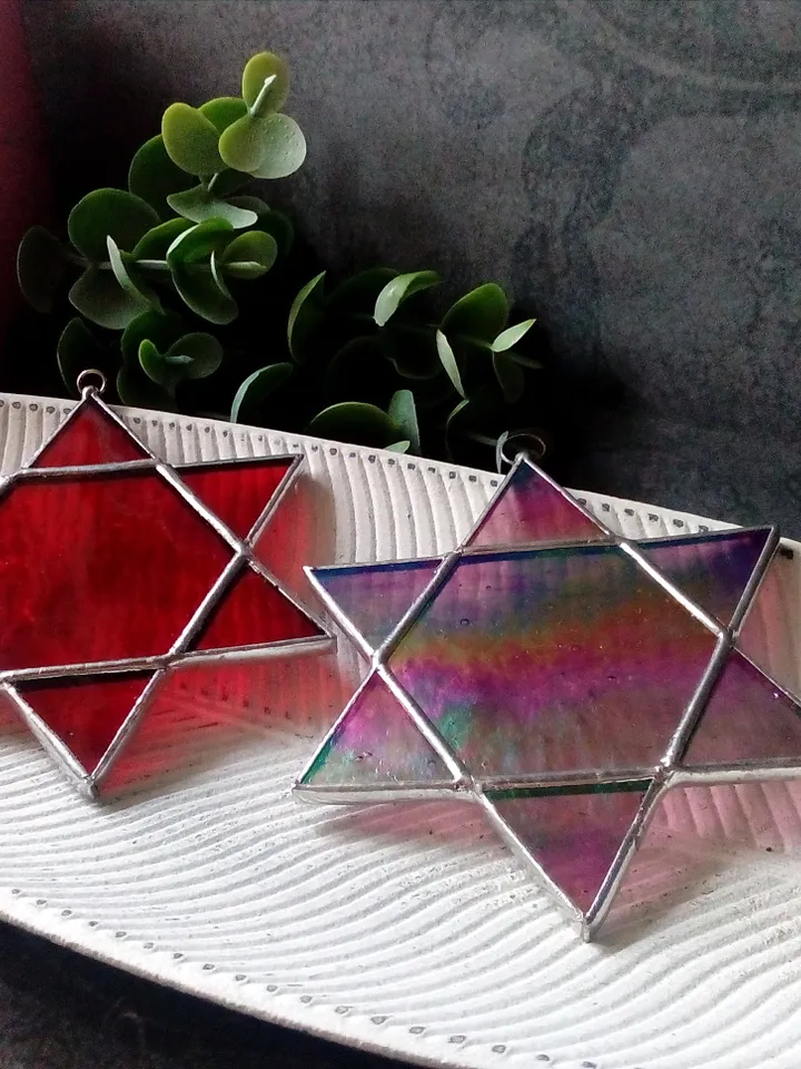 Set of 2 snowflake suncatchers, christmas ornaments, simple stained glass, Christmas decorations, Xmas tree star
