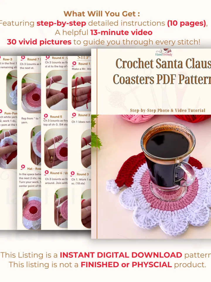 Crochet Santa Claus Coasters PDF Pattern, Adorable Christmas Decor for Home and Coffee Lovers, Perfect Housewarming Gift for a Cozy Holiday