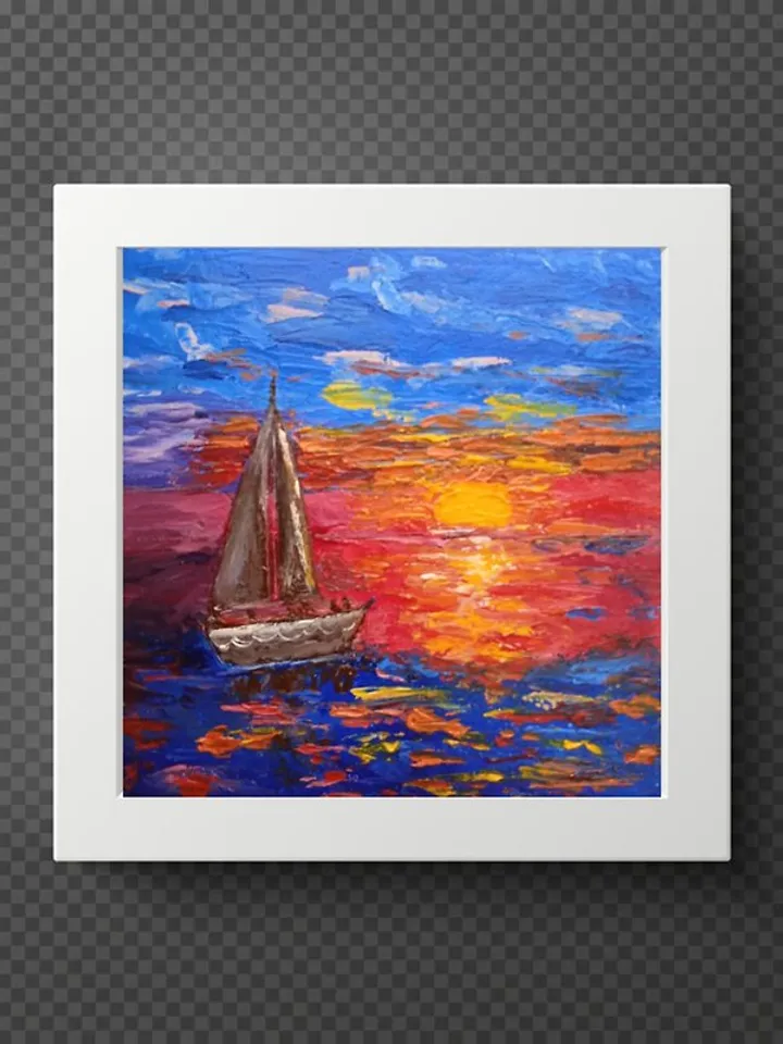 Landscape with the sea Sailboat at sunset Original Oil painting Impasto Art