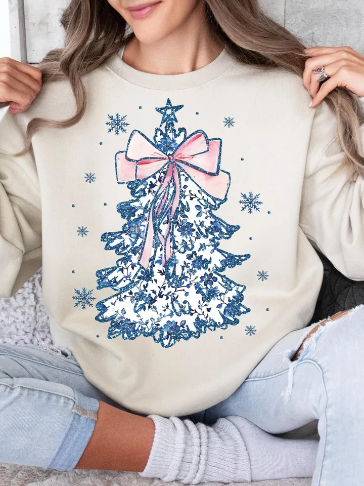 Coquette Glitter Chinoiserie Christmas Tree Png, Coquette Blue Christmas Png, Christmas Toile Png, Blue Floral Bow, Preppy Christmas Png
