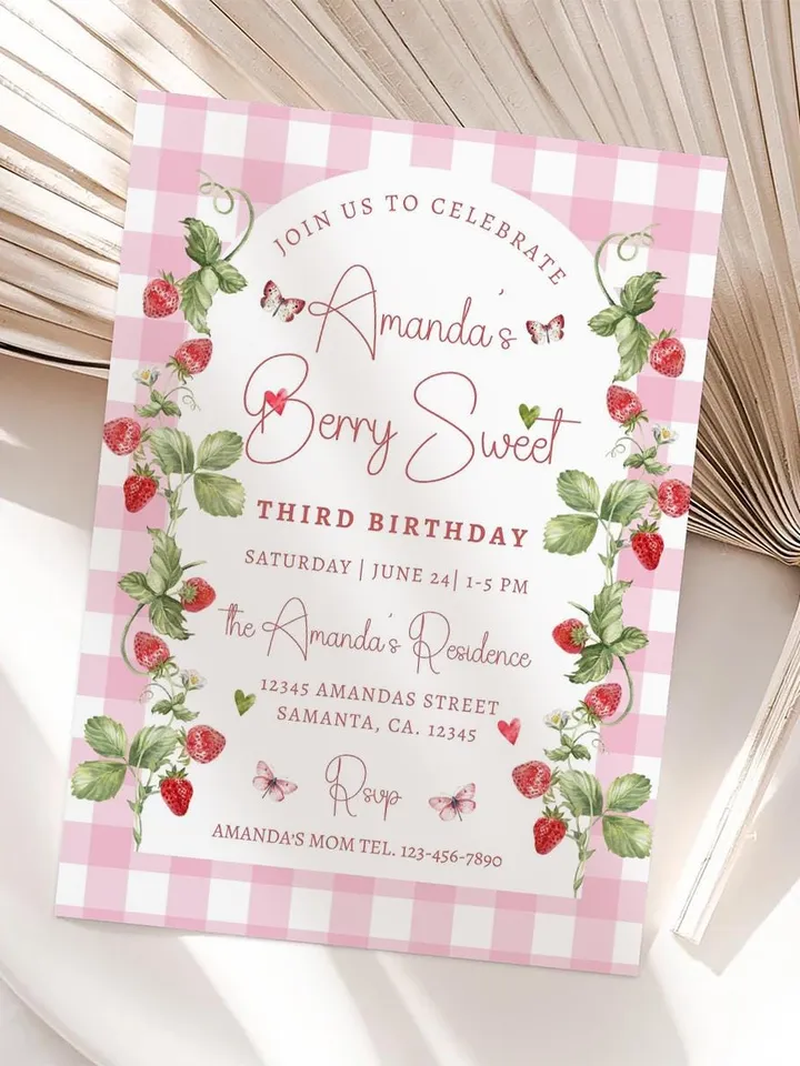 Editable Strawberry 3rd Birthday Invitation Berry Sweet Strawberry Picking 4th Birthday Invite Invites Canva Instant Download i115