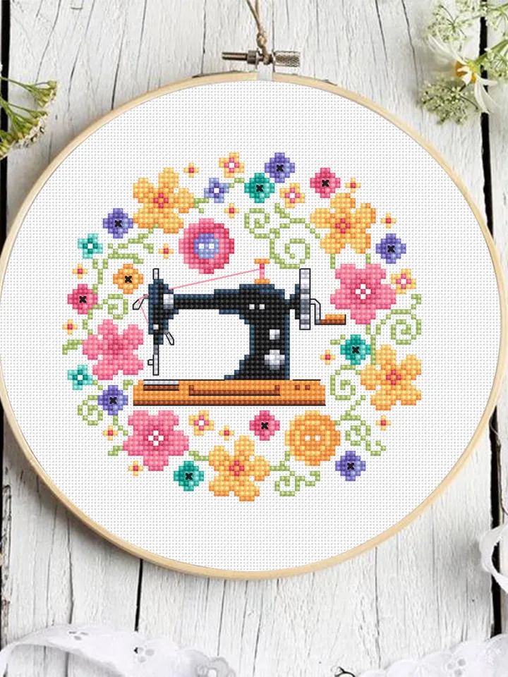 Floral sewing machine cross stitch pattern PDF instant download Sewing cross stitch chart, Floral pattern digital PDF Sewing room decor #O24