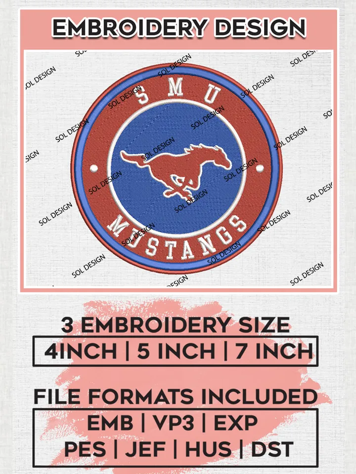 NCAA SMU Mustangs Round Logo Embroidery, NCAA SMU Mustangs Logo Embroidery files, NCAA Teams, Machine embroidery designs, Digital Download