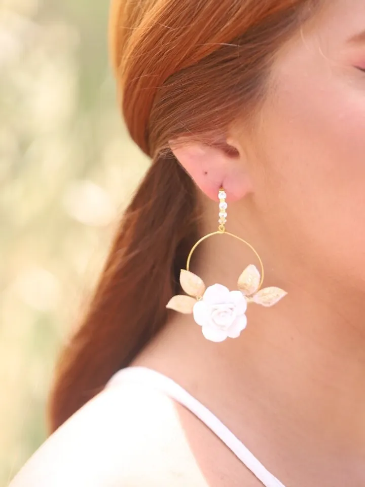 Hoop Porcelain Flower Boho Wedding Earrings, Floral Statement Rose Gold Bridal Earrings, Leaf Statement Wedding Jewelry, Boho Bridal Jewelry