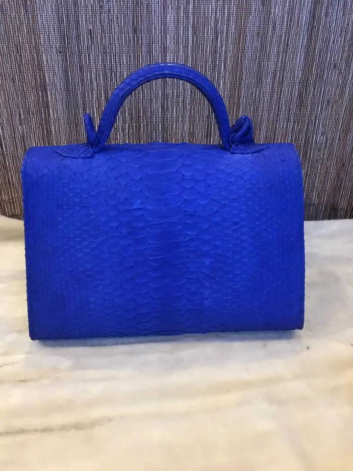 Top handle bright blue classy genuine python skin bag | exotic leather bags | Elegant women purse | snake skin bag | designer leather bag