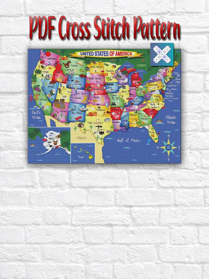 USA Map Cross Stitch Pattern / States Of America Map Cross Stitch Chart / United States Map Cross Stitch PDF Chart